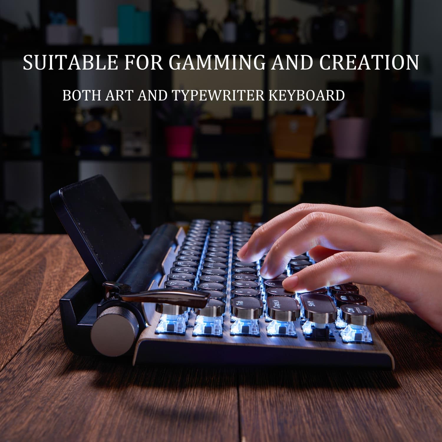 7KEYS keyboard on a desk in a creator workspace styling shot — paired with a laptop, a coffee mug and a notebook to convey the desk-aesthetic / statement-keyboard buyer intent rather than a competitive-typing or gaming use case