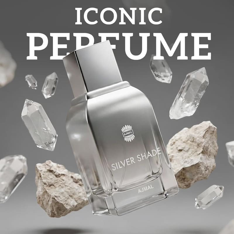 Ajmal Silver Shade bottle surrounded by floating quartz crystals, captioned Iconic Perfume