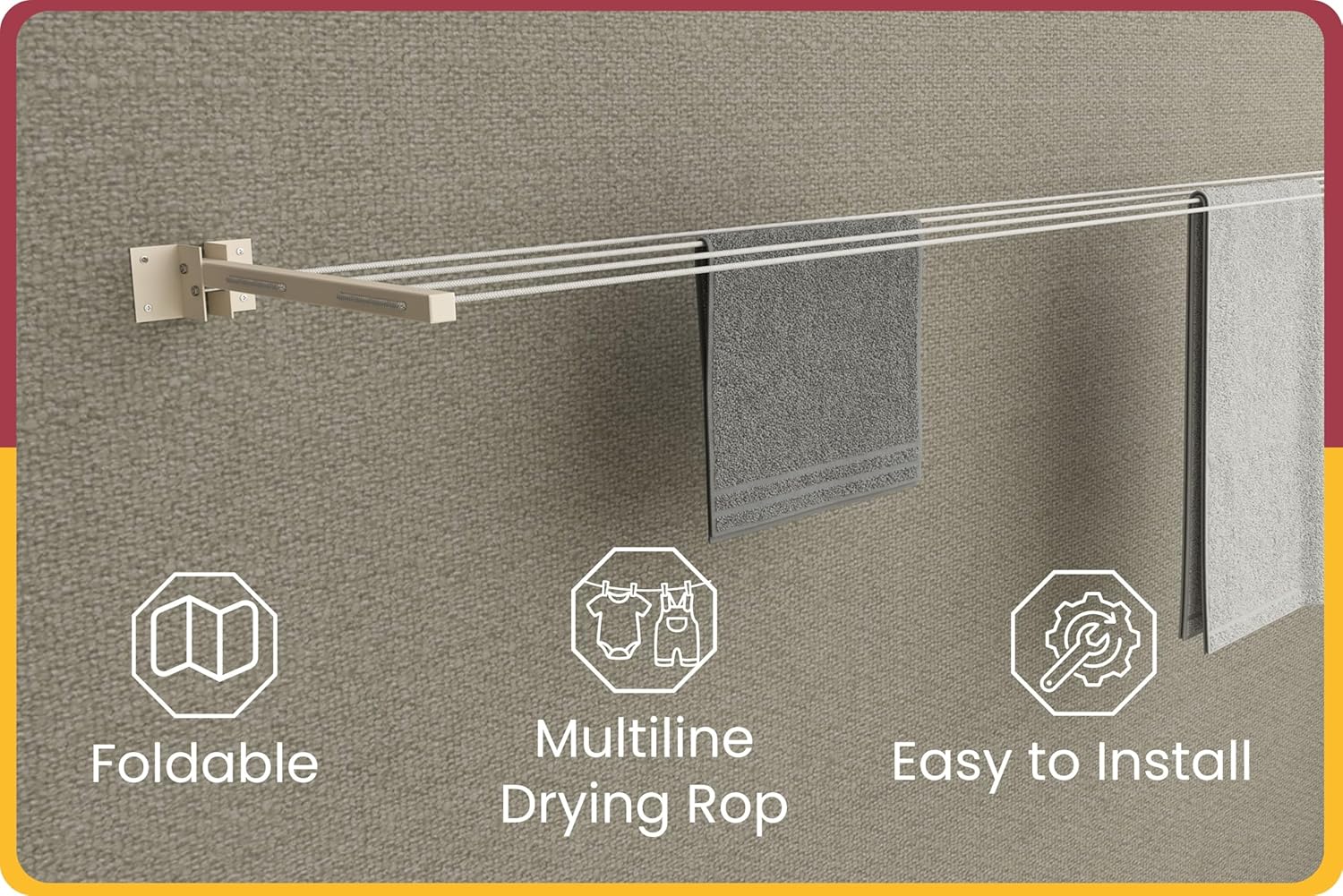 Amiraj rope drying system in use with a saree and family laundry hung at full length across the parallel rope lines