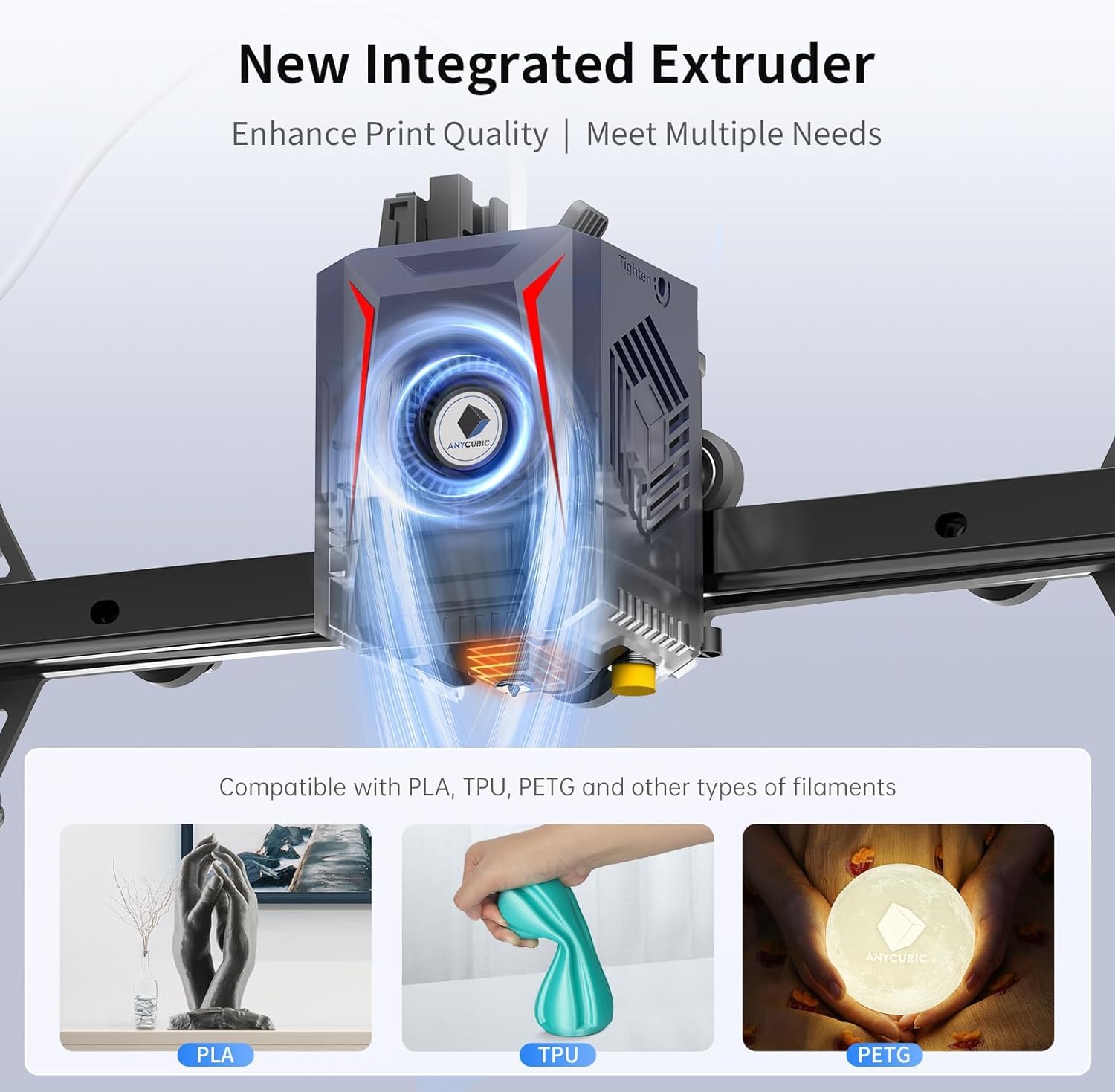 Anycubic Kobra 2 Neo integrated direct-drive extruder detail shot with the 60W all-metal hot-end, 7000 rpm radial part-cooling fan and PTFE filament feed