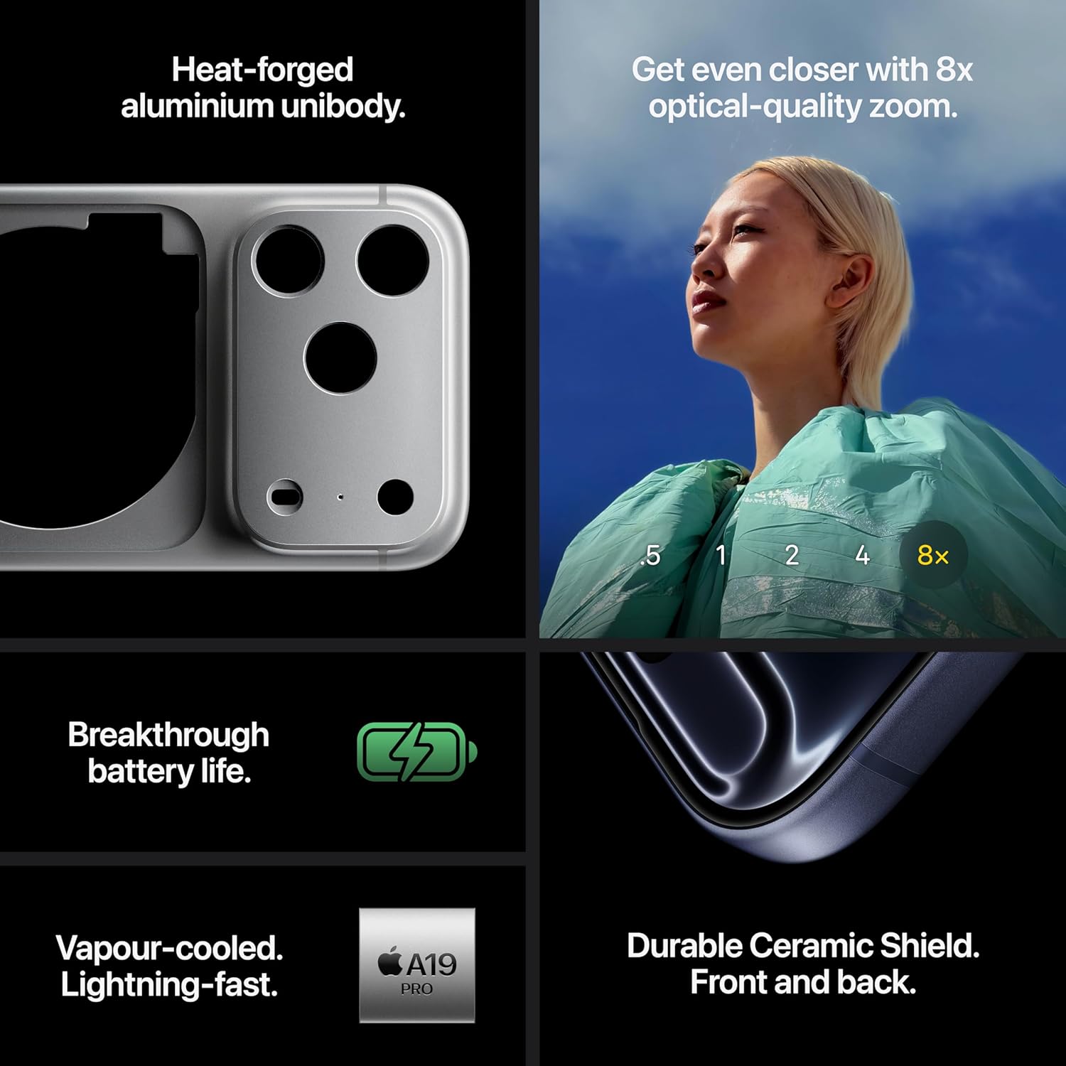 Apple iPhone 17 Pro Max angled detail shot highlighting Ceramic Shield 2 front and Action Button