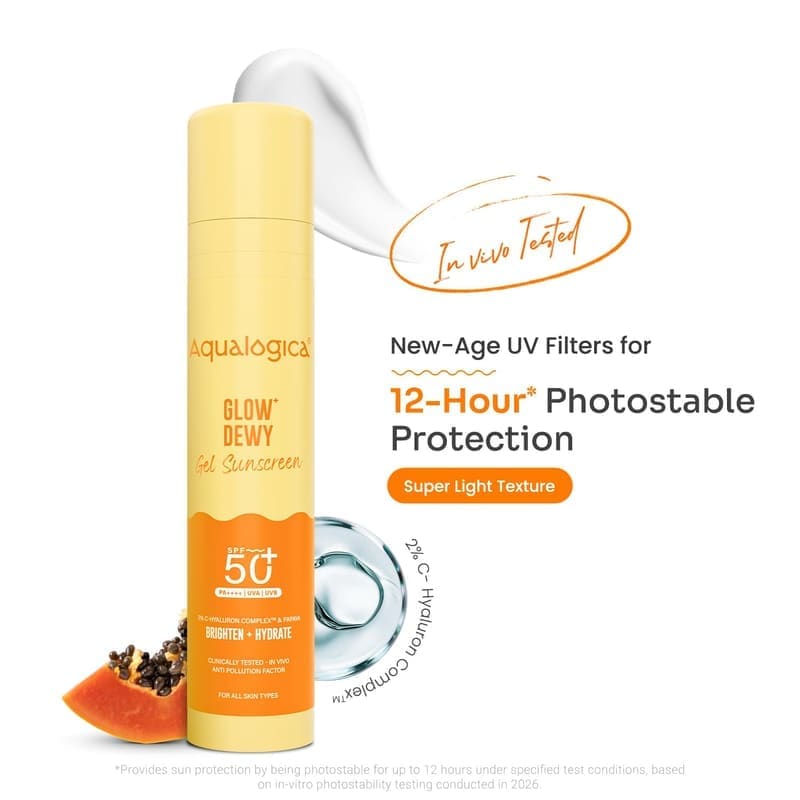 Aqualogica Glow+ Dewy Gel Sunscreen - 50 g texture and packaging