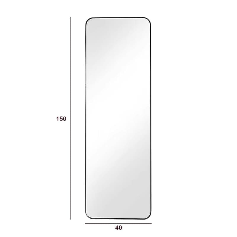 The Artment Vista arched mirror detail shot showing the slim black aluminium frame profile, the arched-top curve, and the rounded bottom edge that sits flush against the floor