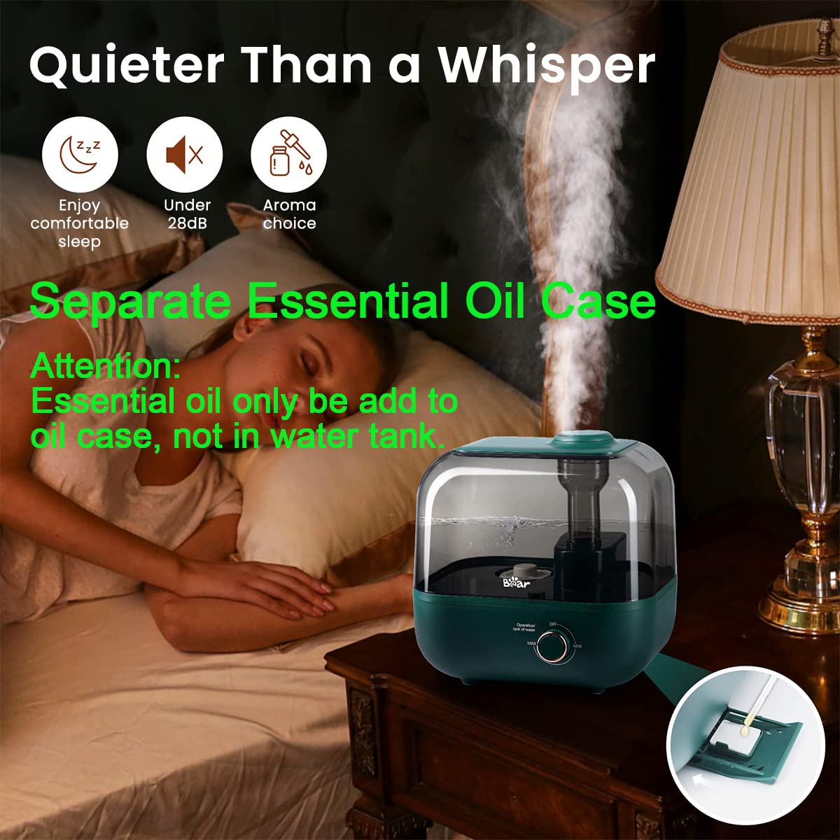 Bear 5L Humidifier in use showing cool mist output from the rotatable nozzle in a bedroom setting