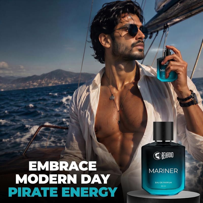 Man in sunglasses spraying Beardo Mariner on a boat at sea, captioned Embrace Modern Day Pirate Energy