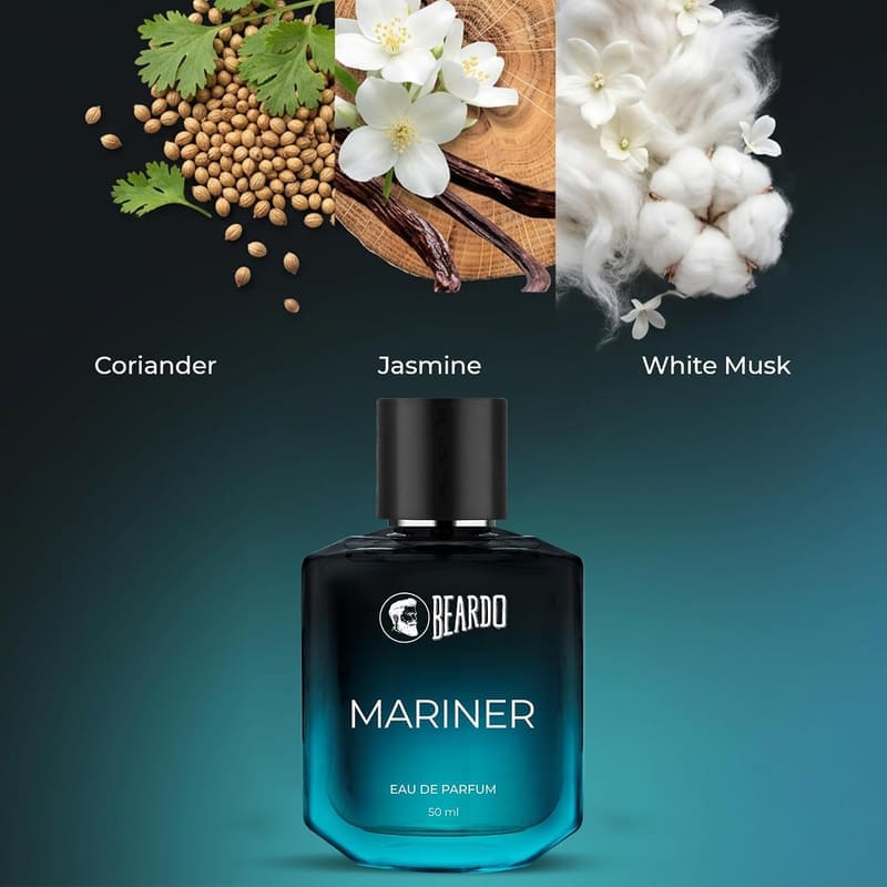 Beardo Mariner bottle below coriander seeds, jasmine and white musk cotton notes