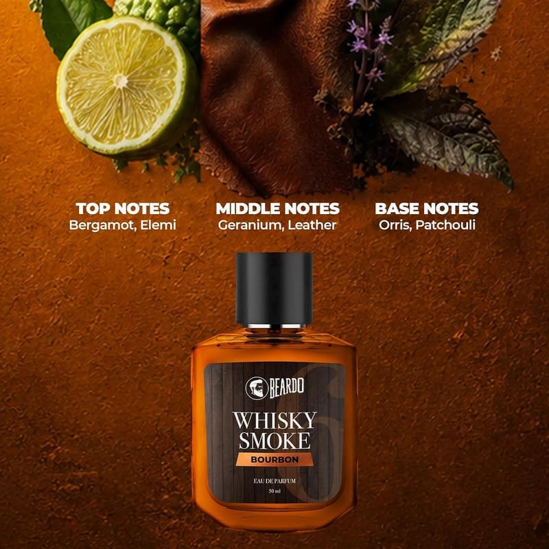 Beardo Whisky Smoke Bourbon notes graphic: bergamot and elemi top, geranium and leather middle, orris and patchouli base