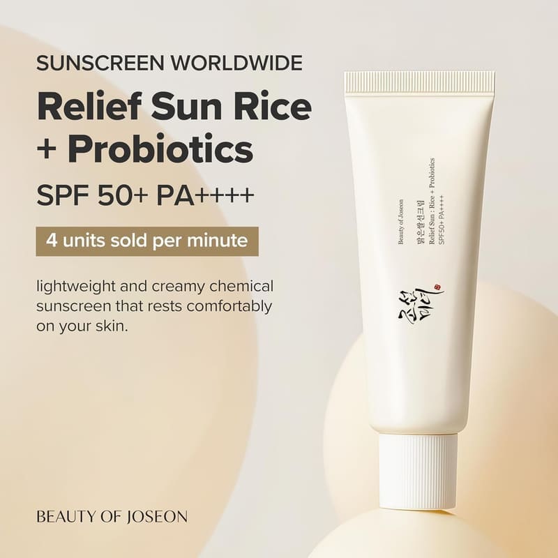 Beauty of Joseon Relief Sun Rice + Probiotics 50 ml SPF 50+ PA++++ Lightweight Korean S... texture and packaging