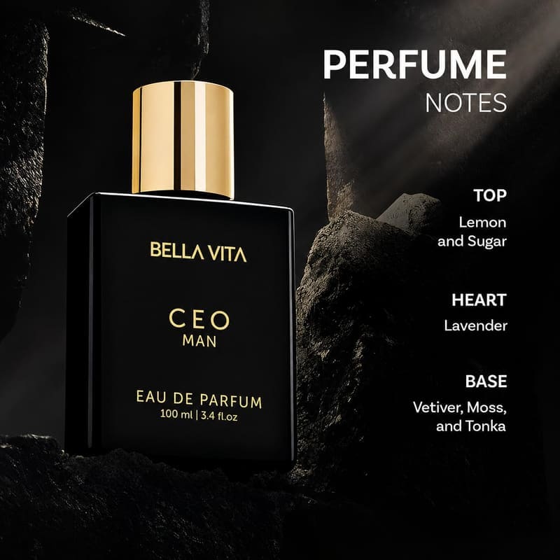 Bella Vita CEO Man notes graphic: lemon and sugar top, lavender heart, vetiver, moss and tonka base