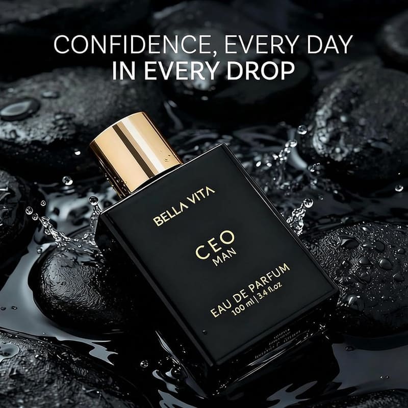 Bella Vita CEO Man black bottle on wet black stones, captioned Confidence Every Day in Every Drop