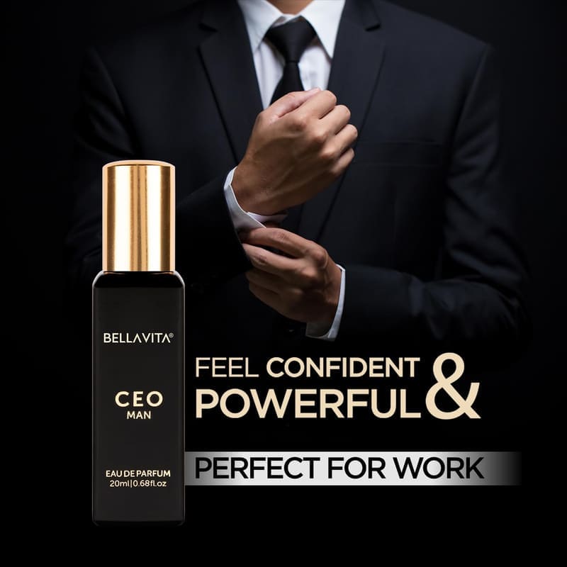 Bella Vita CEO Man 20ml bottle in front of a man in a dark suit, captioned Perfect for Work