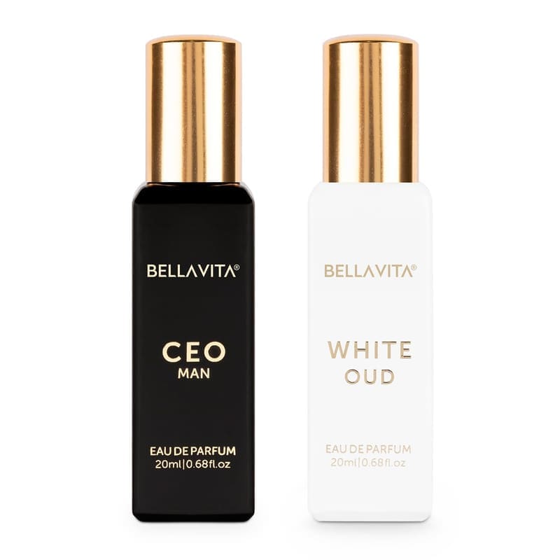 Bella Vita CEO Man and White Oud 20ml Eau de Parfum bottles with gold caps side by side