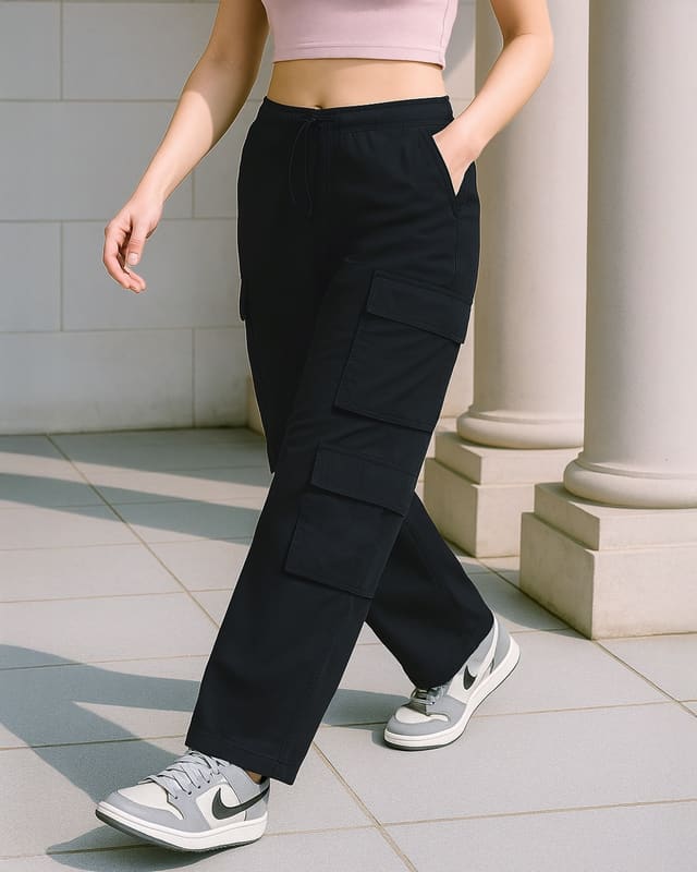Bewakoof Women's Jet Black Baggy Oversized Cargo Parachute Pants