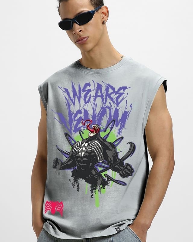 Bewakoof x Marvel Men's Grey "We Are Venom" Graphic Printed Oversized Vest
