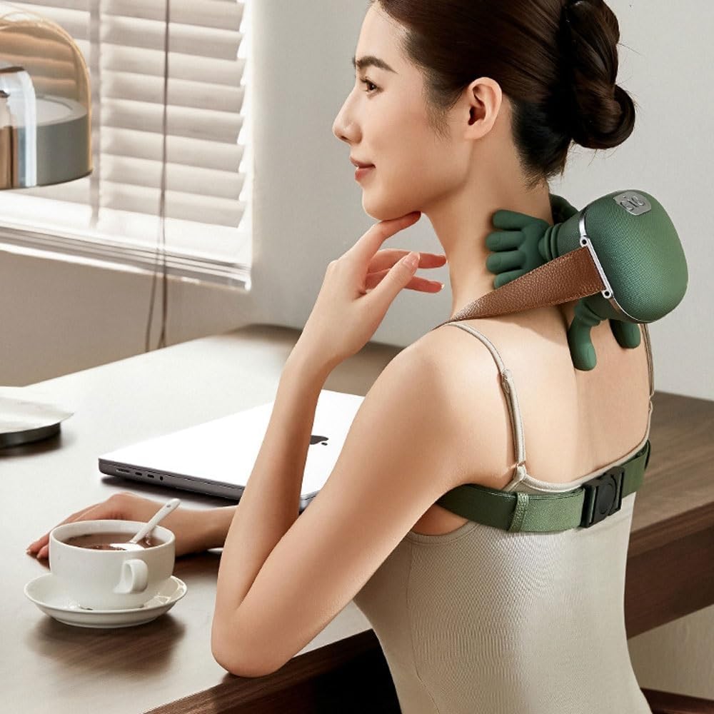 Bionic massager in use across the upper back and lumbar region — demonstrating the dual neck-and-back coverage and the 4D kneading-node placement