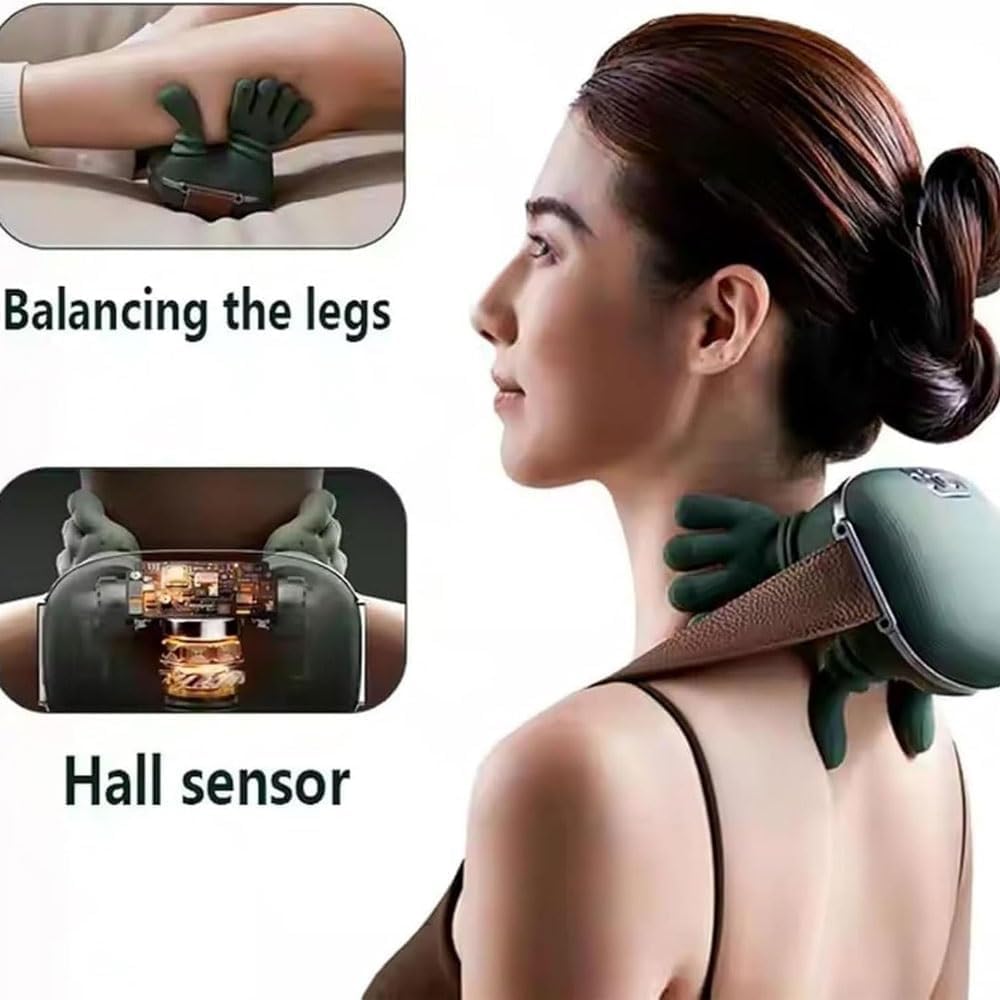 Bionic massager closeup showing the heating elements, kneading nodes, control button and the simulated-human-hand mechanism design
