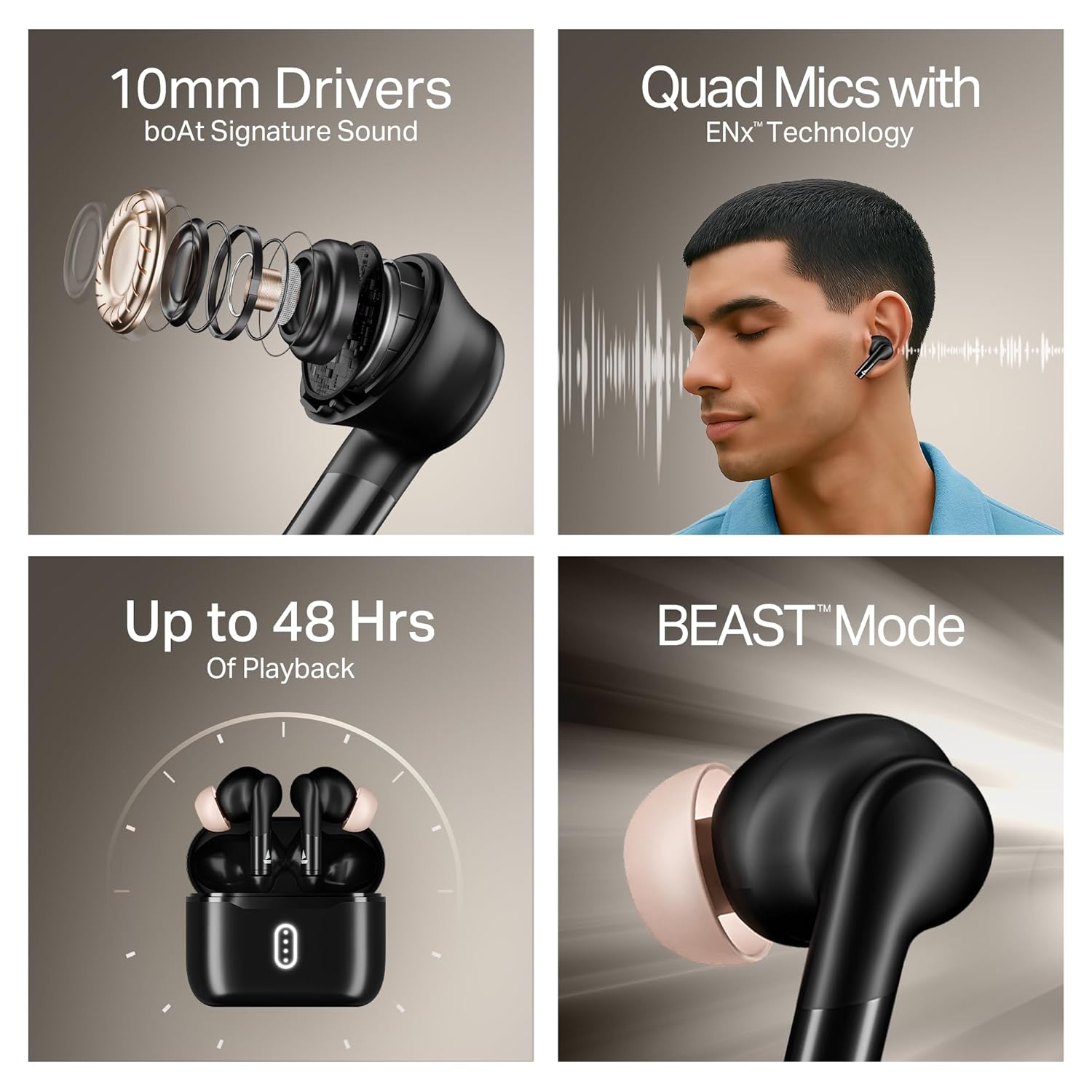 boAt Airdopes 141 Gen 2 charging case open showing both half-in-ear earbuds and the front battery LED