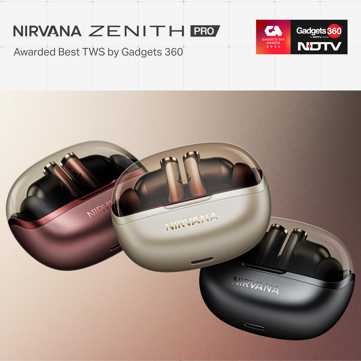 boAt Nirvana Zenith Pro charging case open with both earbuds visible — close-up showing the transparent lid window, the front-facing battery LED and the matte two-tone Crimson Red finish