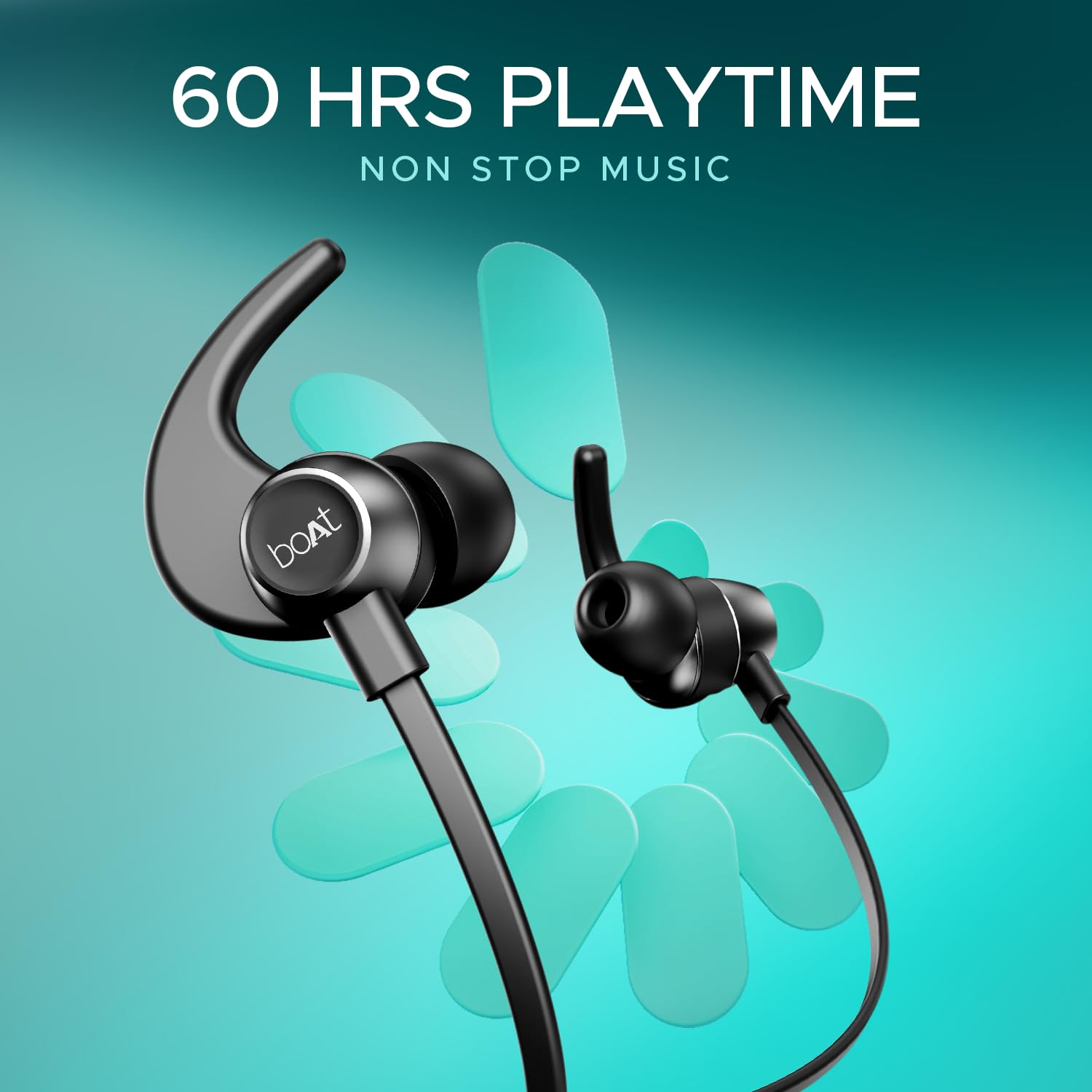 Close-up of the boAt Rockerz 255 Pro+ magnetic earbuds in Active Black showing the shark-fin ear hooks, silicone in-ear tips and boAt branding, with a 60 HRS PLAYTIME overlay
