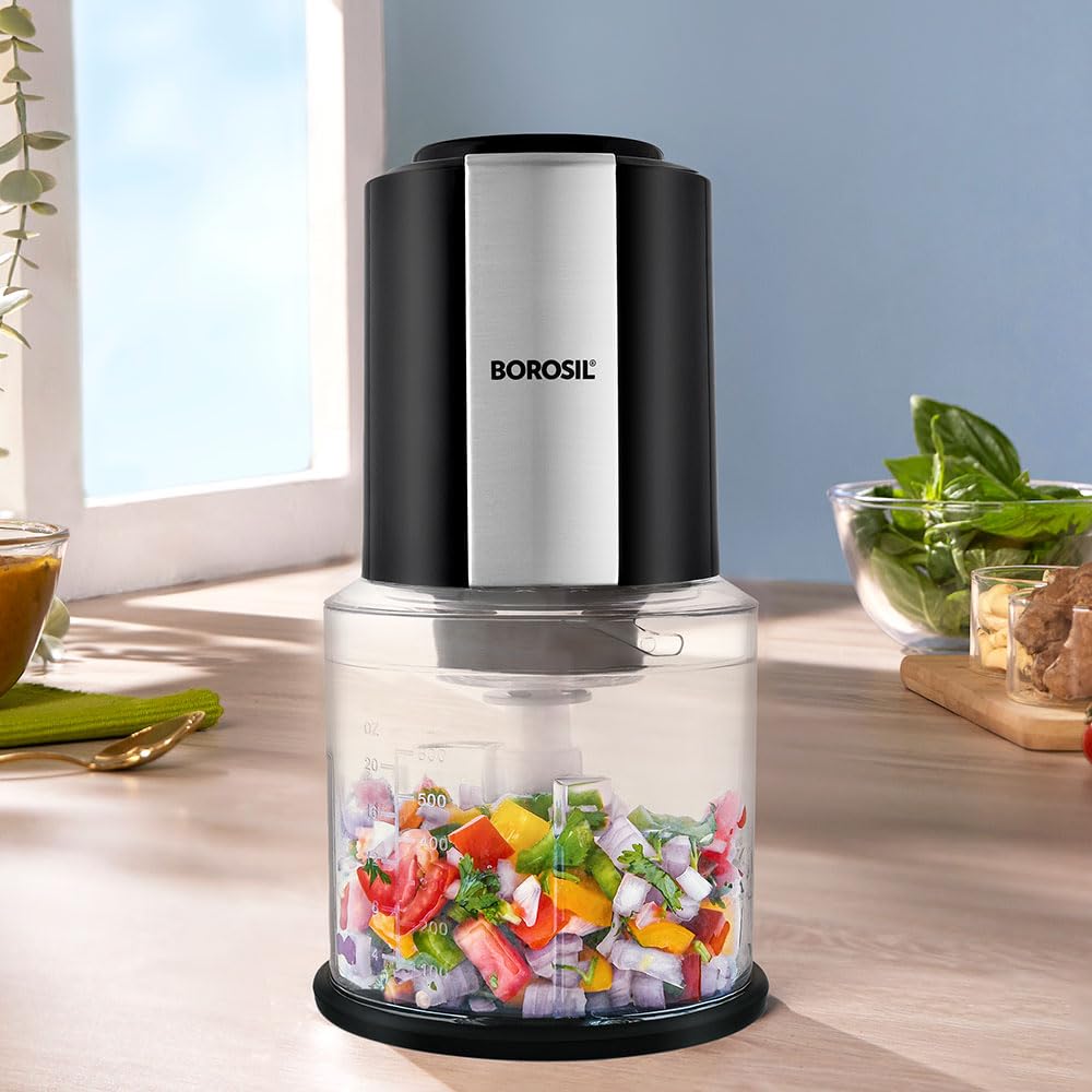 Borosil Chef Delite chopper components — motor base, 600 ml bowl, twin stainless-steel blade assembly and snap-on lid