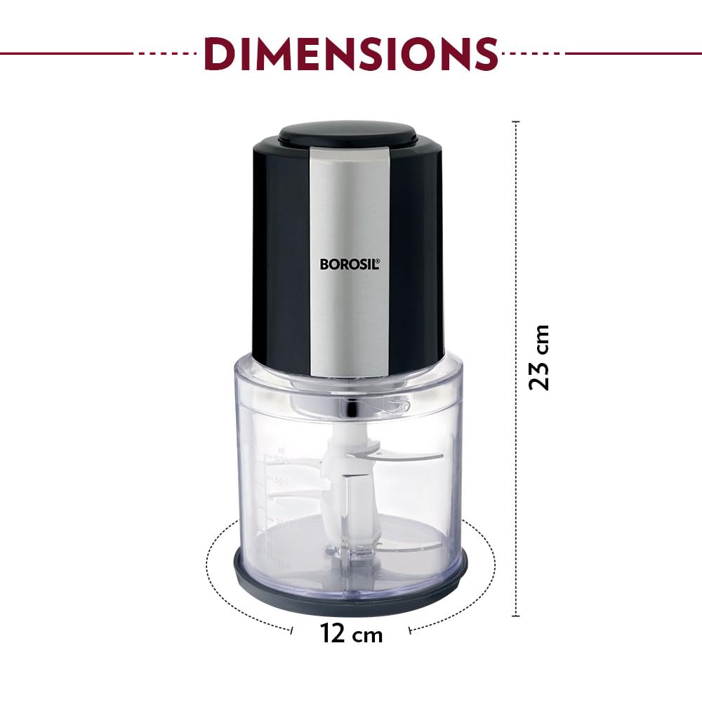 Borosil Chef Delite chopper in use — showing chopped onions inside the 600 ml bowl with graduated markings