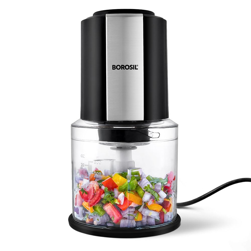 Borosil Chef Delite 300W Electric Chopper front view — transparent 600 ml bowl on white motor base with pulse button
