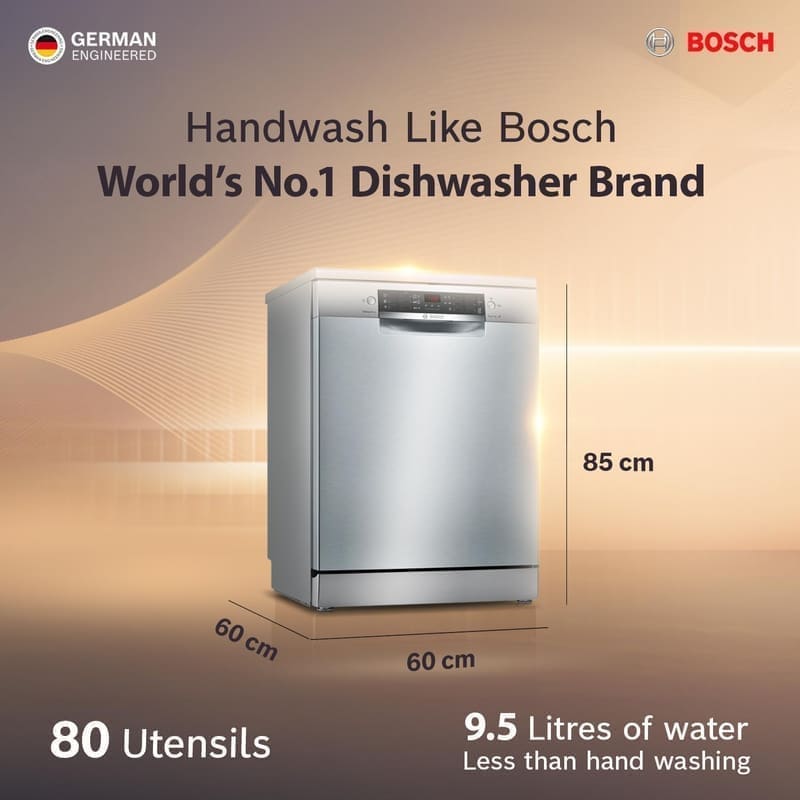 Bosch SMS46KI03I dishwasher interior showing adjustable upper rack loaded with Indian utensils, bowls and glasses, and lower rack with kadhais and dinner plates