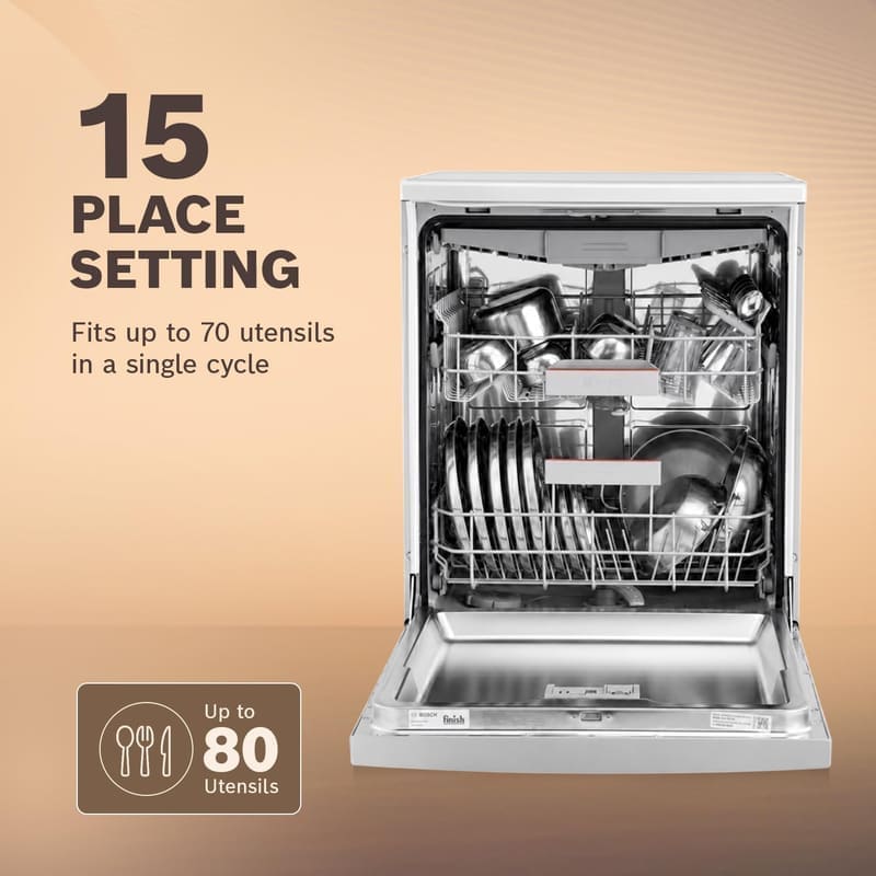 Bosch SMS46KI03I dishwasher control panel close-up showing 6 wash program buttons, delay timer and LED indicators