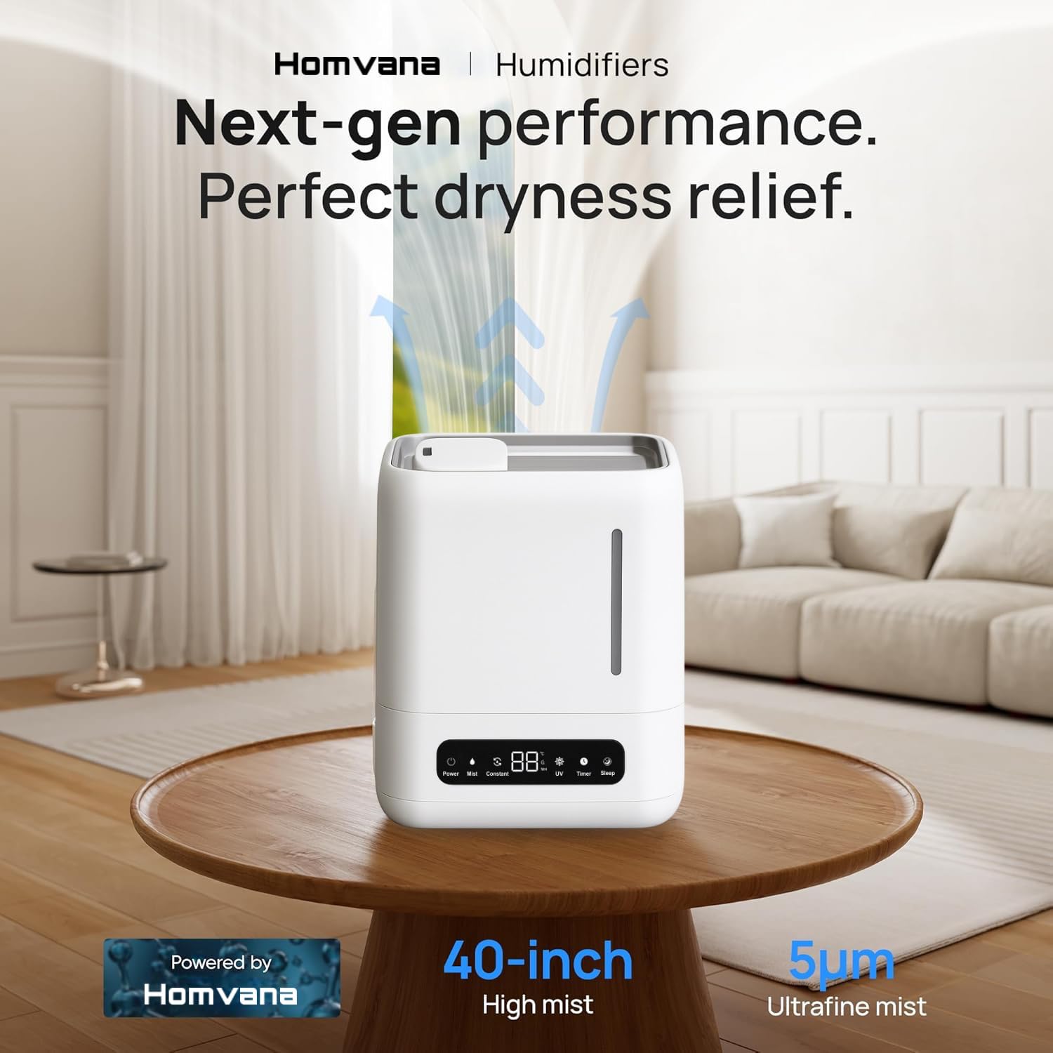 BREEZOME Smart Humidifier with remote control showing timer, mist and humidity controls