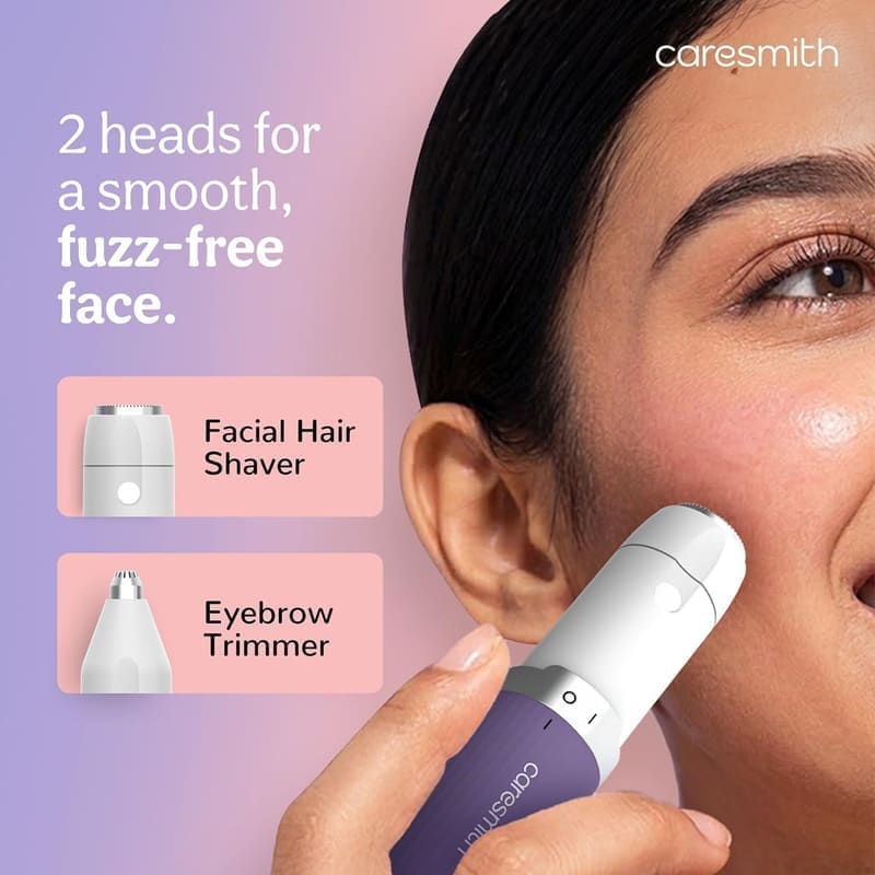 Caresmith Bloom facial hair remover showing both detachable heads separately — the wider facial shaver head and the narrow precision eyebrow trimmer head — beside the main body, USB-C cable and cleaning brush