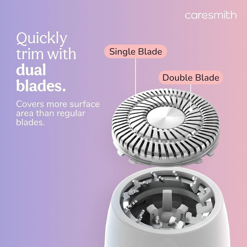 Caresmith Bloom facial hair remover in use on a woman's upper lip area with the built-in Smart LED light illuminating fine facial hair for accurate trimming