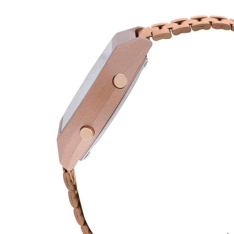 Casio Vintage B640WC-5ADF left side showing the rose gold case and push buttons