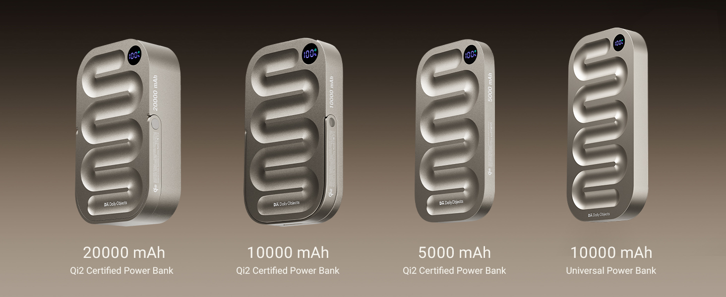 DailyObjects Loop family lineup in titanium aluminium colourway, four power banks shown side-by-side: 20000 mAh Qi2 Certified, 10000 mAh Qi2 Certified, 5000 mAh Qi2 Certified and — on the far right, explicitly labelled — the 10000 mAh Universal Power Bank reviewed here (the wired-only sibling)