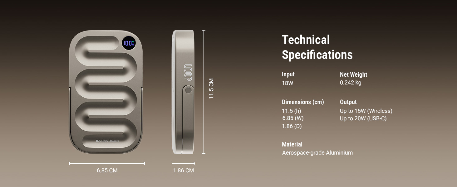 DailyObjects Loop technical specifications banner showing the aluminium body dimensions of 11.5 cm × 6.85 cm × 1.86 cm and 0.242 kg net weight — the same physical chassis the Universal SKU ships in. The 15 W wireless output figure on the banner applies to the Qi2 siblings, not the Universal reviewed here, which is wired-only at 20 W via USB-C PD 3.1 GaN