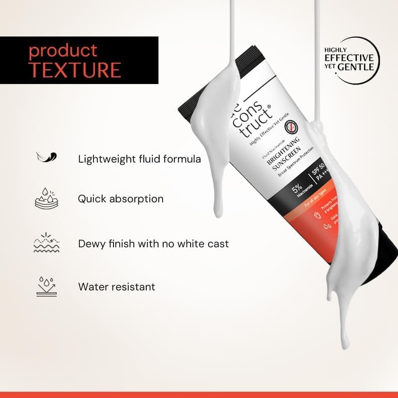 Deconstruct Fluid Brightening Sunscreen SPF 50+ PA++++ texture and packaging
