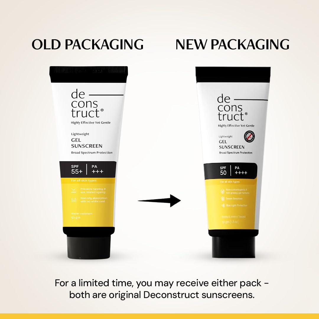 Deconstruct Gel Sunscreen product details and UV filter information on tube back label