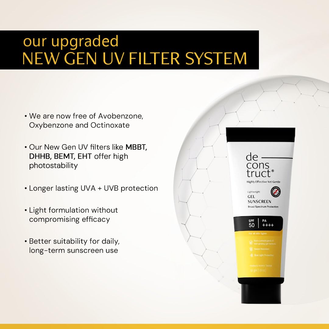 Deconstruct Gel Sunscreen texture swatch showing translucent lightweight gel consistency