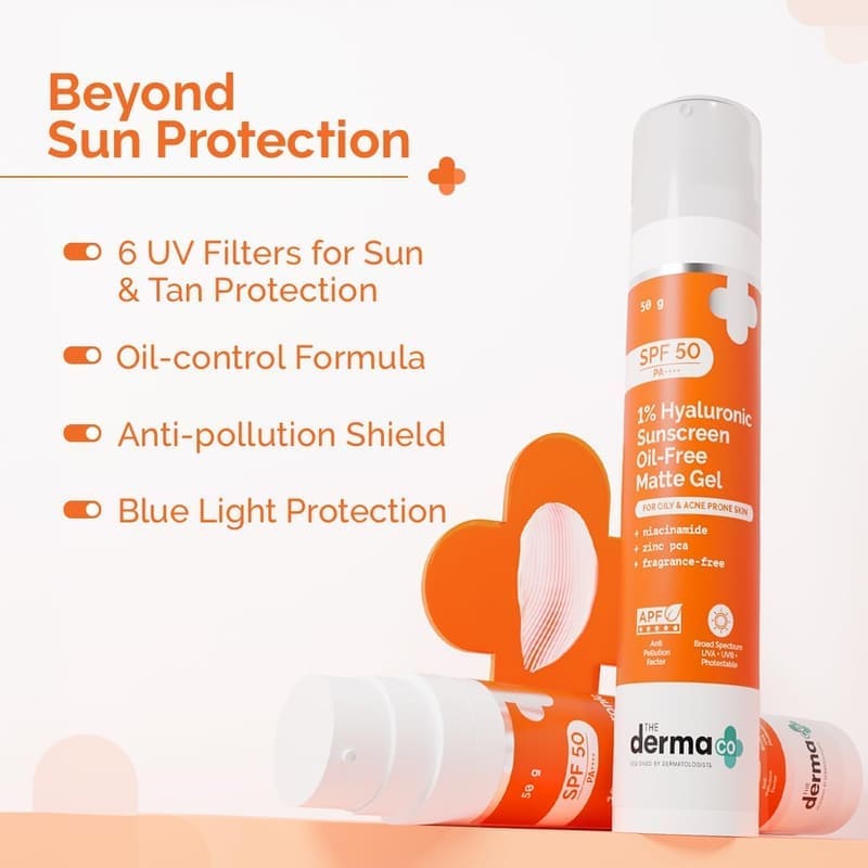 The Derma Co 1% Hyaluronic Sunscreen Oil-Free Matte Gel SPF 50 PA++++ application on skin