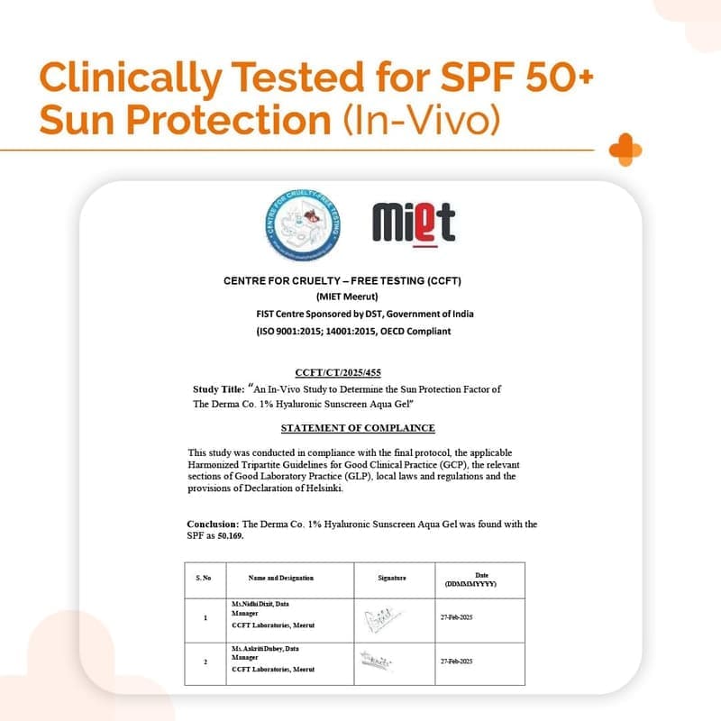 The Derma Co 1% Hyaluronic Sunscreen Aqua Gel SPF 50 PA++++ application on skin