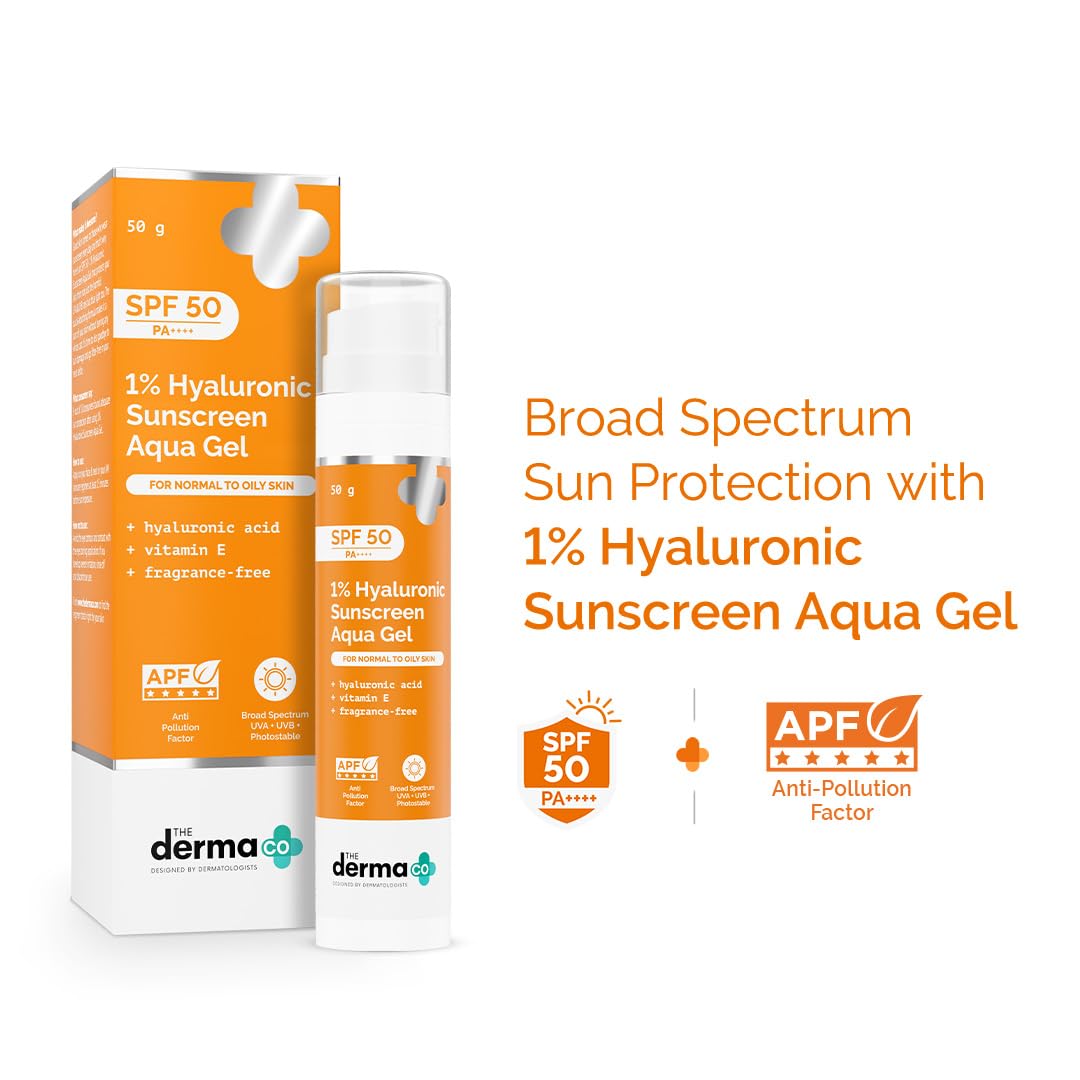 The Derma Co Hyaluronic Sunscreen back label showing 1% Hyaluronic Acid, SPF 50 PA++++ claims and clinically tested badge