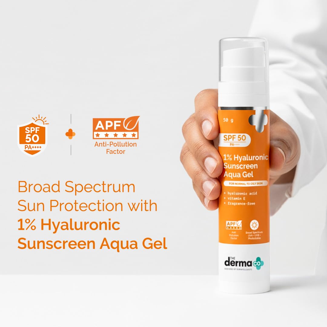 The Derma Co Hyaluronic Sunscreen texture swatch showing translucent aqua gel consistency on skin