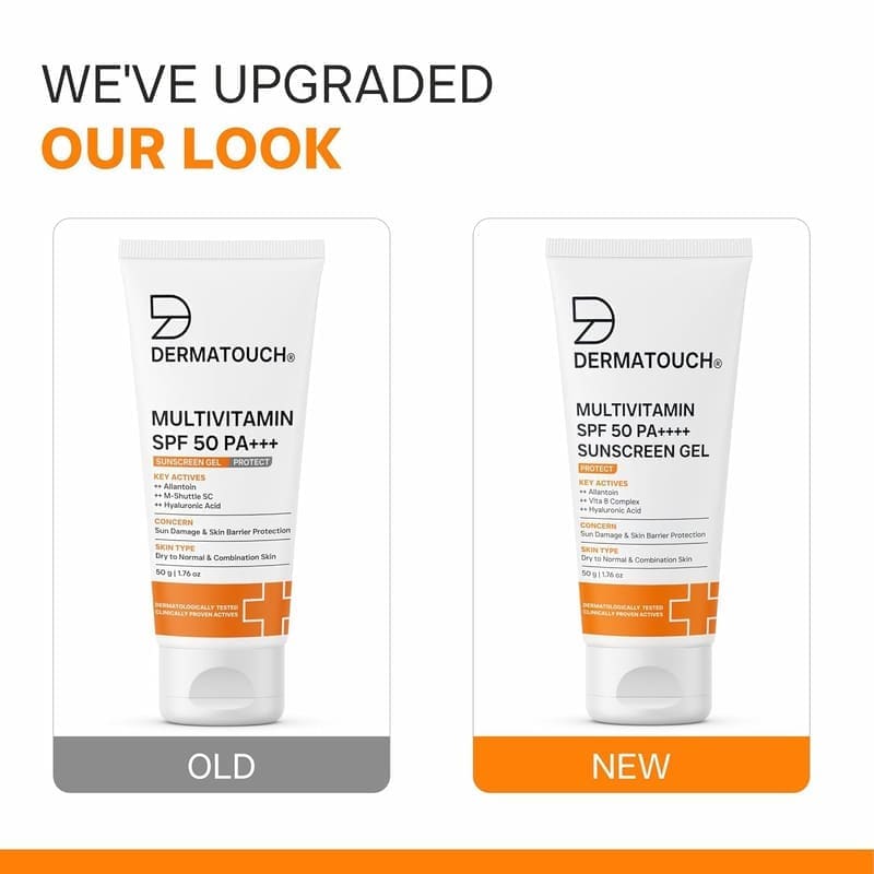 DERMATOUCH Multivitamin SPF 50 PA++++ Sunscreen Gel texture and packaging