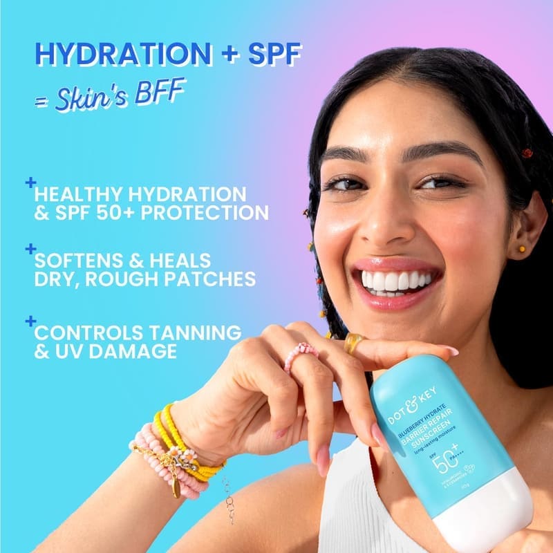 Dot & Key Blueberry Hydrate Barrier Repair Sunscreen In-Vivo Tested SPF 50+ PA++++ texture and packaging