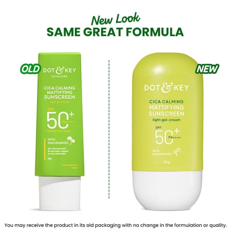 Dot & Key CICA Calming Mattifying Sunscreen SPF 50 PA++++ In-Vivo Tested texture and packaging