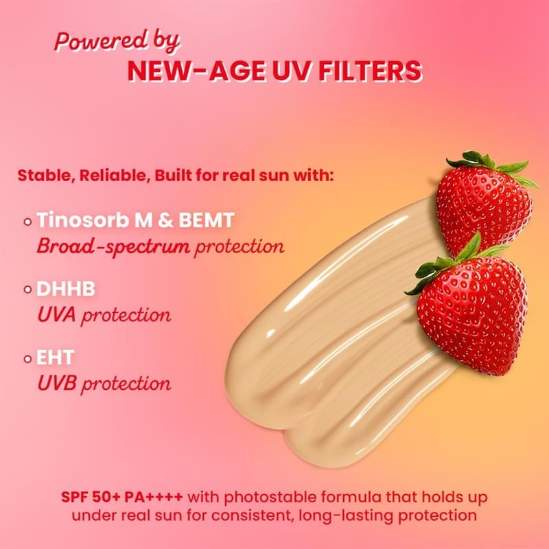 Dot & Key Strawberry Dew Tinted Sunscreen In-Vivo Tested SPF 50+ PA++++ With New-Age UV... texture and packaging