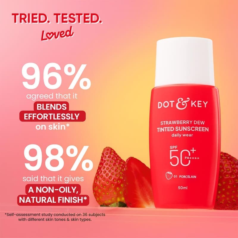 Dot & Key Strawberry Dew Tinted Sunscreen In-Vivo Tested SPF 50+ PA++++ With New-Age UV... application on skin