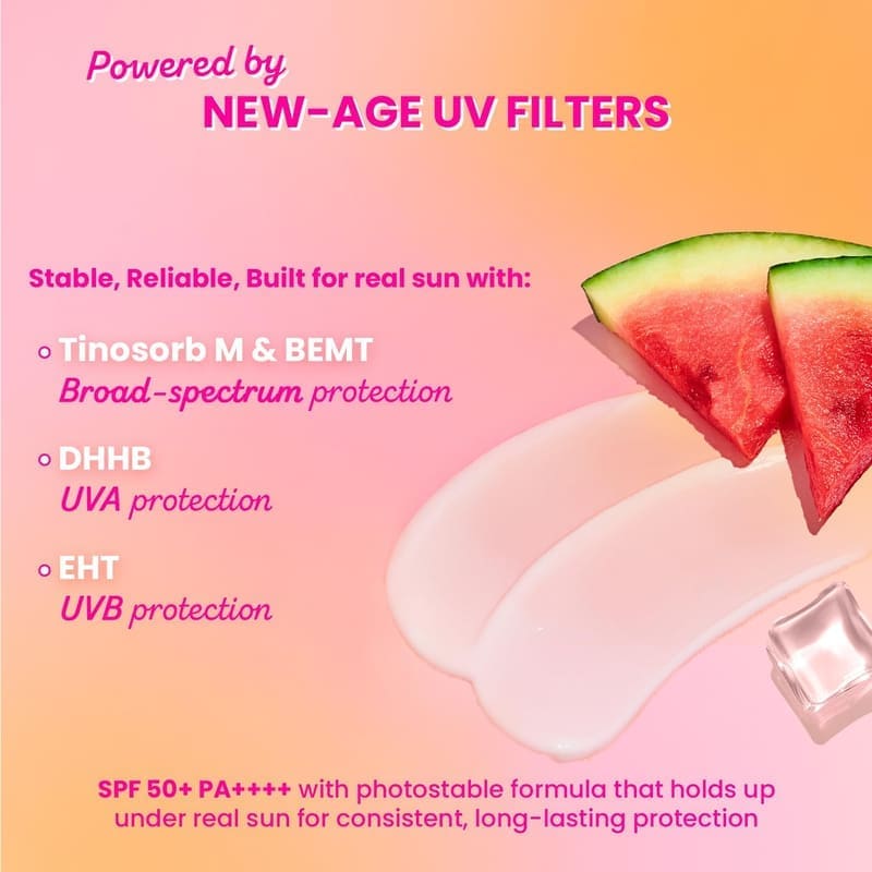 Dot & Key Watermelon Cooling Sunscreen, In-Vivo Tested SPF 50+ PA++++, With New-Age UV ... texture and packaging