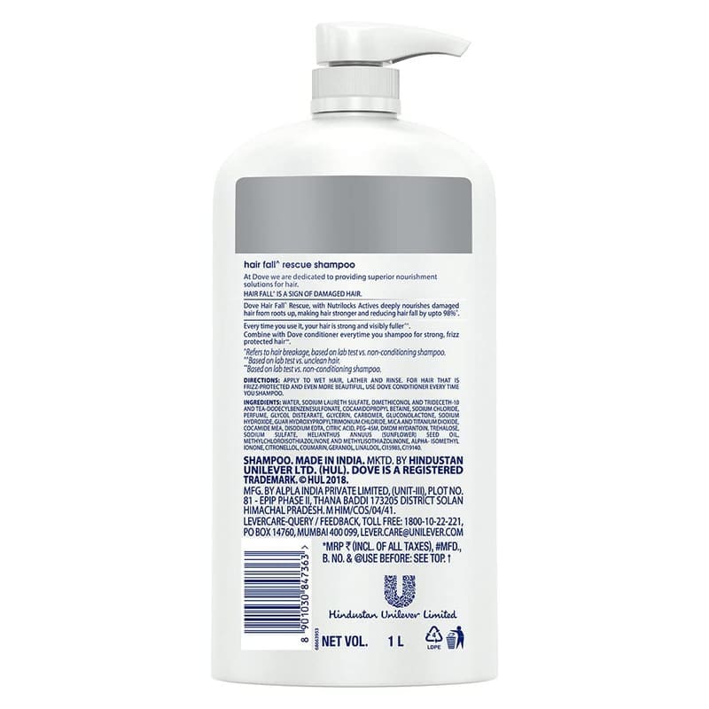Dove Hair Fall Rescue Shampoo 1 L packaging and details