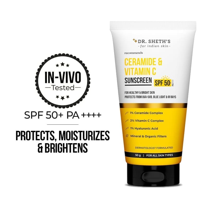 Dr. Sheth's Ceramide & Vitamin C Sunscreen SPF 50+ PA++++ texture and packaging