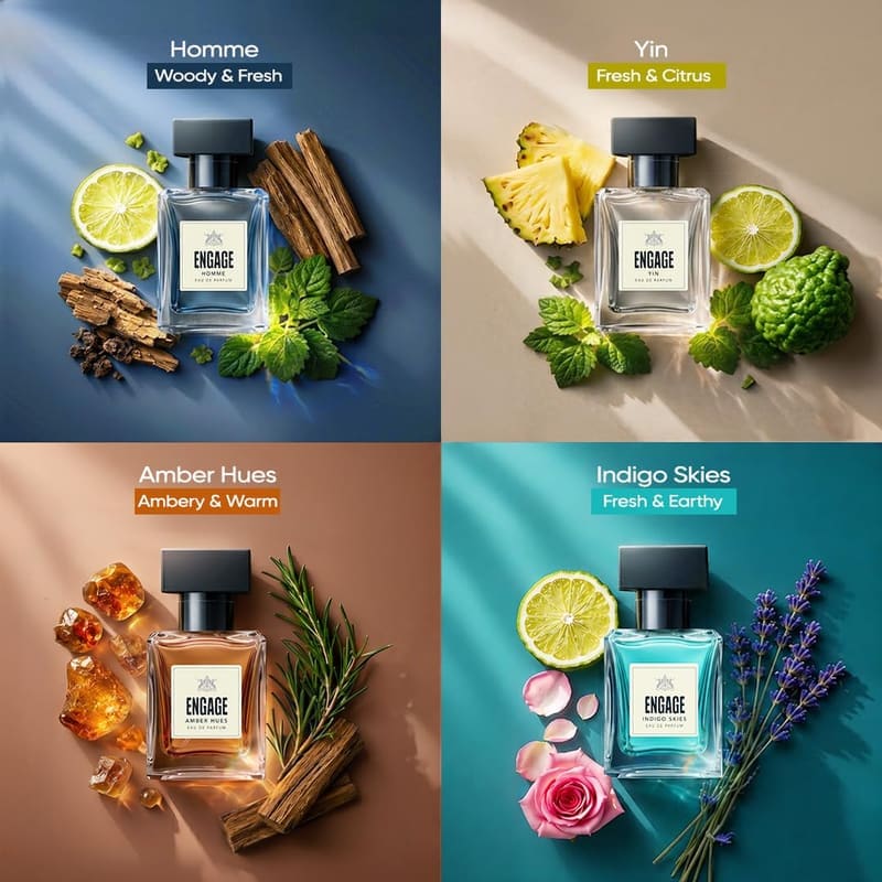 Engage Homme, Yin, Amber Hues and Indigo Skies bottles each shown with their key fragrance ingredients